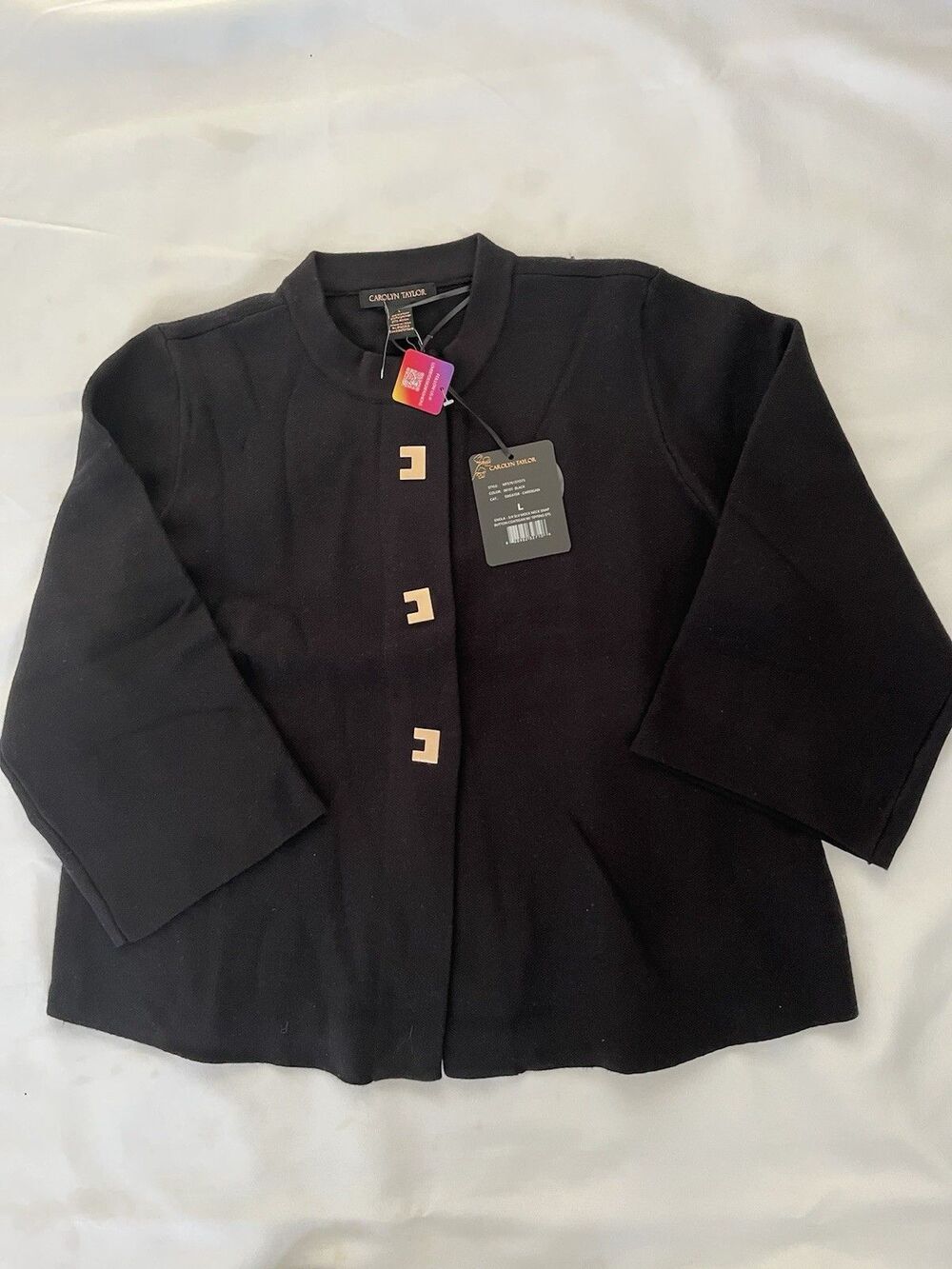 Carolyn Taylor Women's Sweater Cardigan Large Black Stylish Button 3/4 Sleeves
